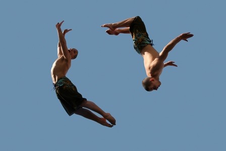 two boys in air